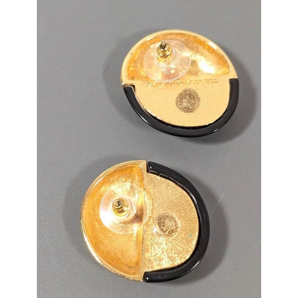 Liz Claiborne Vintage Black Gold Colorblock Dome Earrings Pierced Classic‎